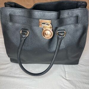 Michael Kor Black Saffiano Leather Hamilton Satchel Tote Bag Purse Gold Hardware